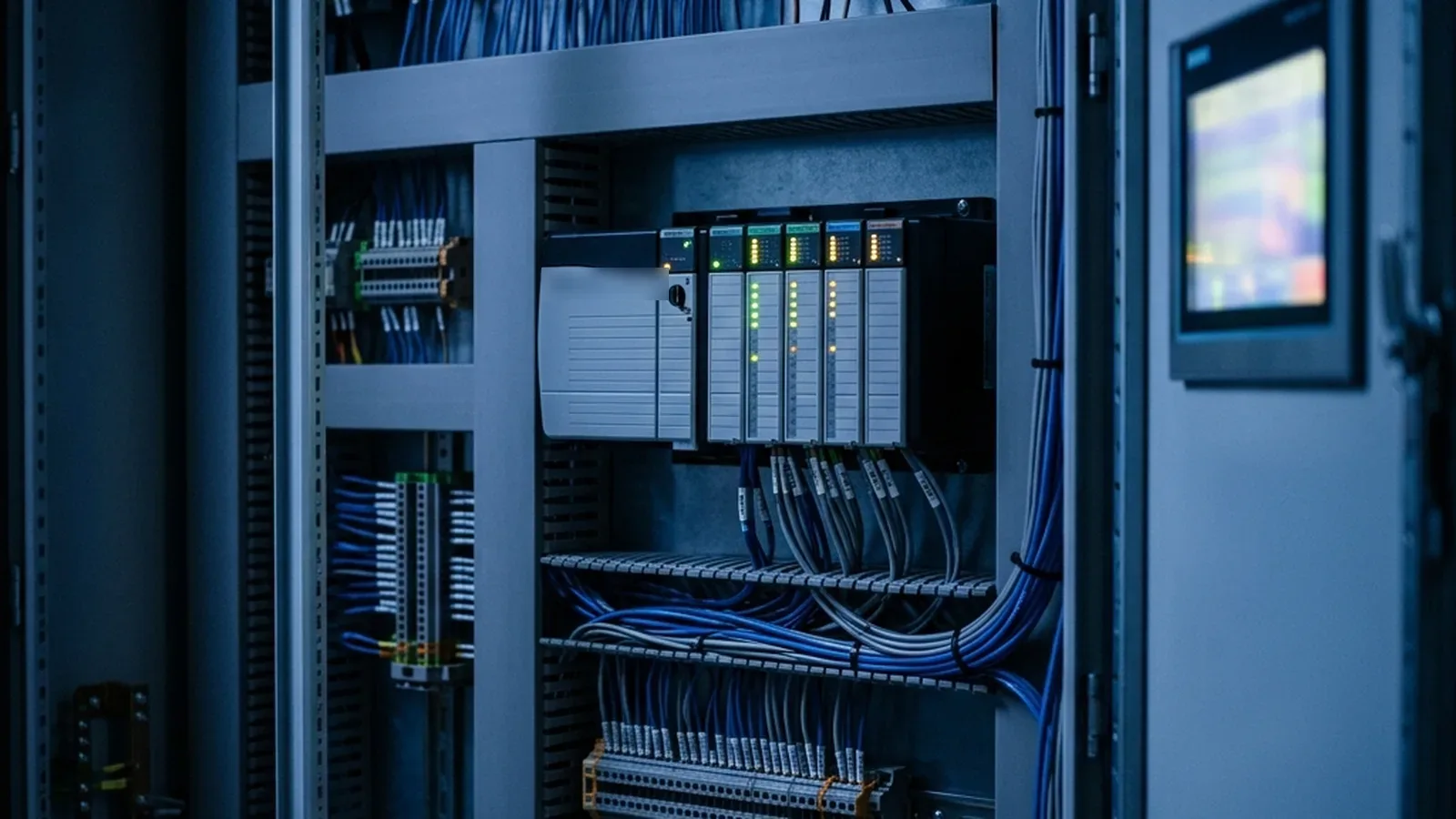 Panel de control industrial con PLC y HMI automatizando un proceso productivo