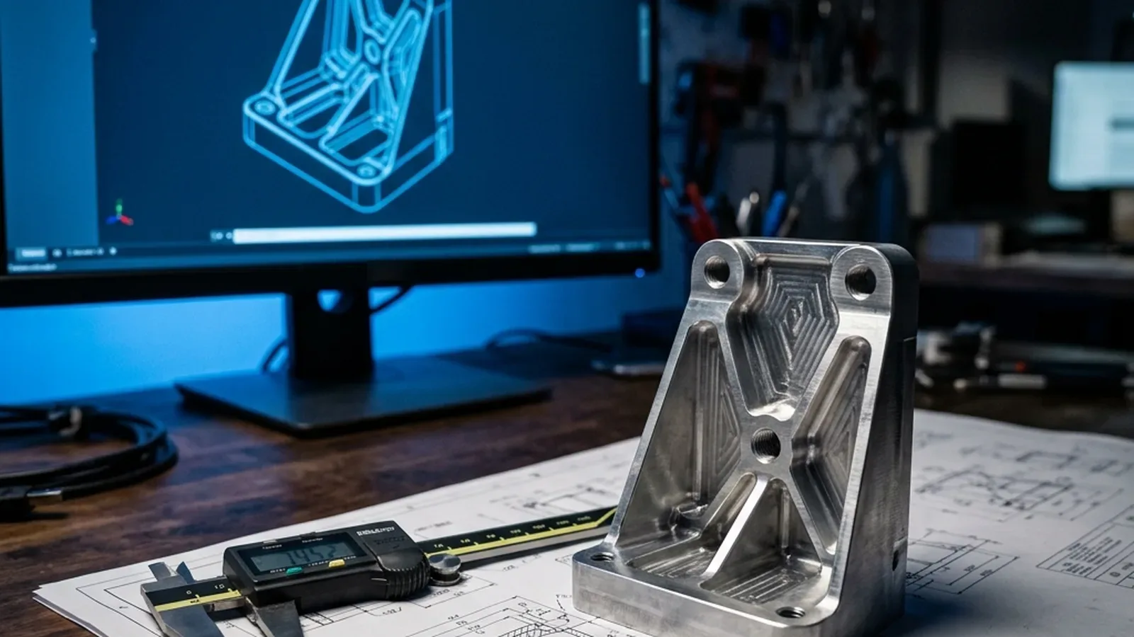 Modelo CAD 3D de una pieza industrial en pantalla junto a la pieza maquinada real