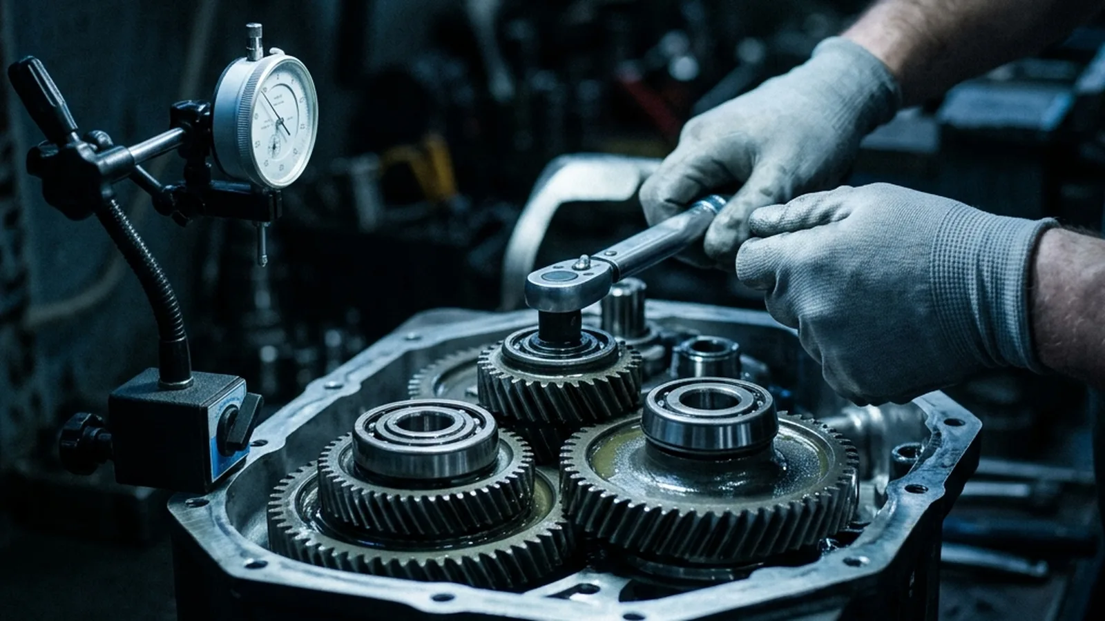 Técnico realizando mantenimiento a maquinaria industrial con herramienta de precisión
