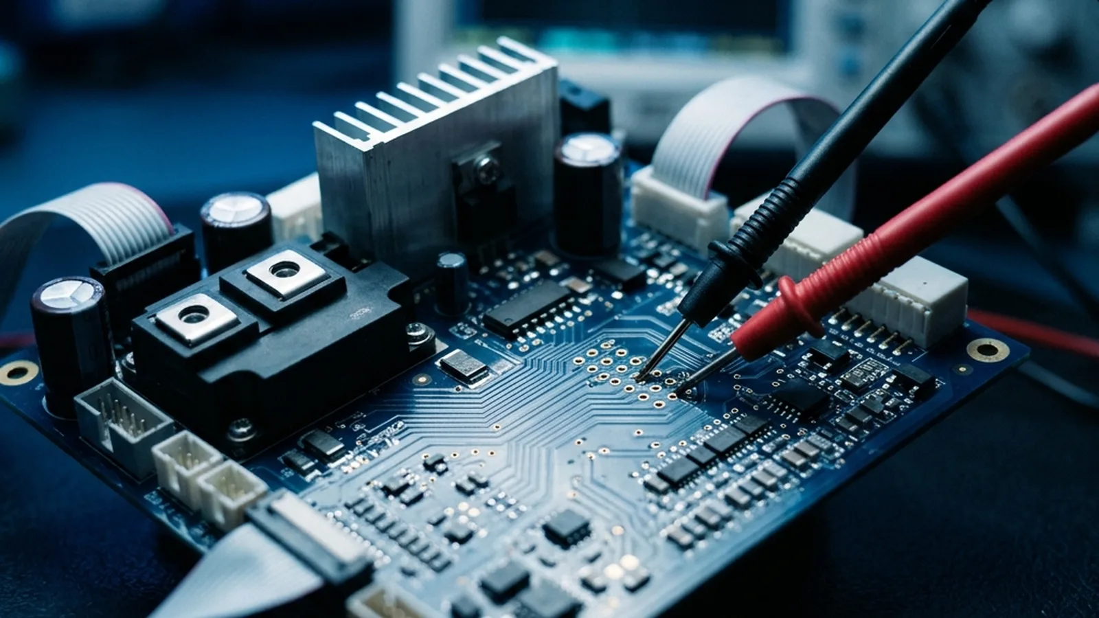 Tarjeta electrónica industrial en diagnóstico y reparación sobre banco de trabajo