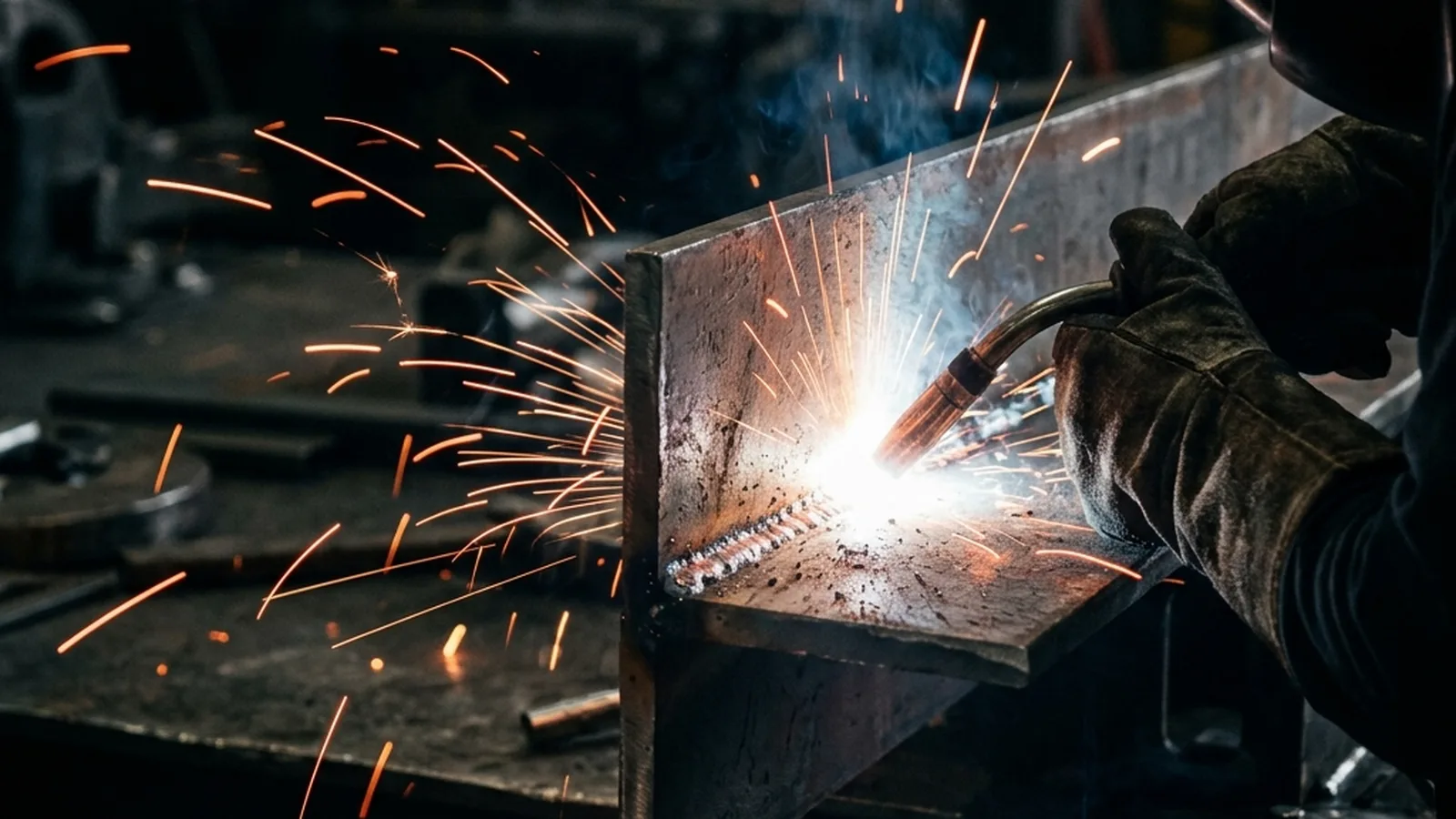 Soldador industrial trabajando una estructura metálica con chispas de soldadura